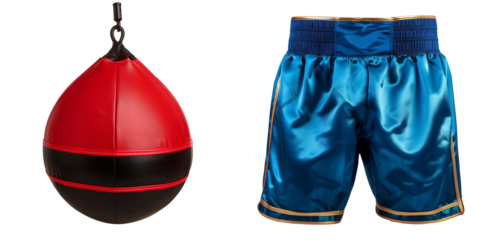 Cut out Boxing set. Boxing Equipment Set. Set of Pair of speed punching bag  and blue training shorts isolated on transparent background
