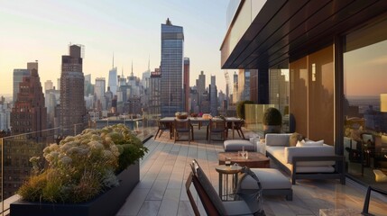 Obraz premium A minimalist-style rooftop terrace with sleek outdoor furniture, minimalist planters, and panoramic city views, perfect for alfresco entertaining.