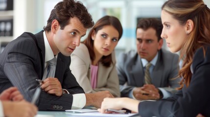 Fototapeta premium A Group Of Business People Engage In Discussions About A Business Plan At A Meeting Table In The Office, Strategizing For Success