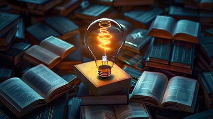 Ideas and knowledge concept image background with a glowing light bulb in middle of books in circle - Powered by Adobe