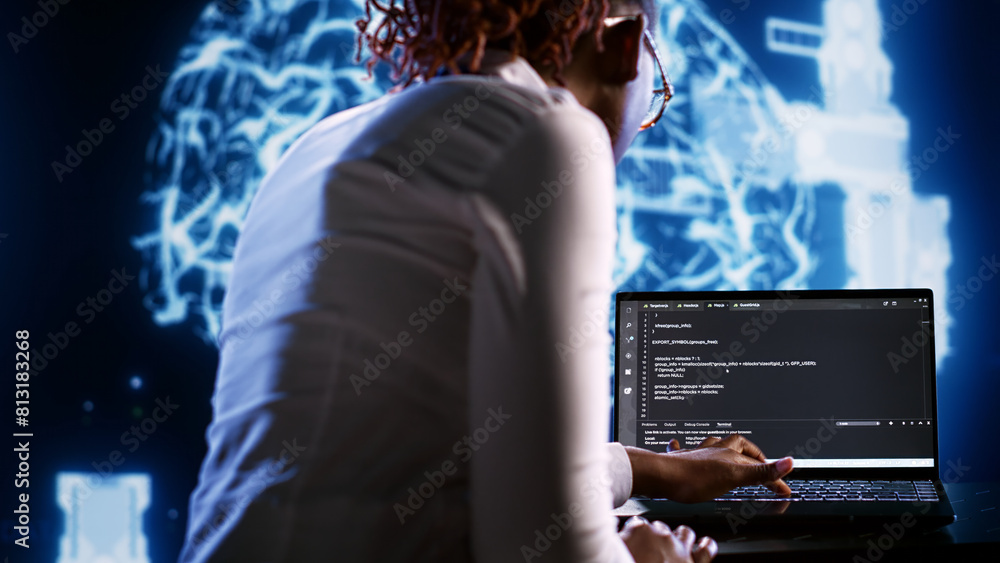 Poster proactive it consultant writing artificial intelligence script code in startup workspace on tablet t