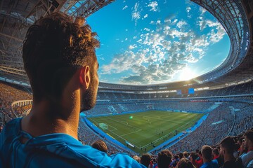 A male fan in casual wear with a sunset backdrop watches a football game in a crowded stadium environment