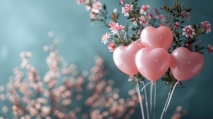 romantic greeting card, heart-shaped balloons and a bouquet of flowers on the greeting card, a romantic template with a blank space for a special occasion