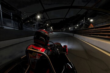 Go kart driver racing for lap time on outdoor urban night street track circuit