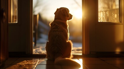 Golden retriever waiting patiently by door for owners return, sunrise