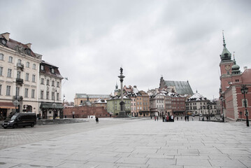 Market square in the historic center of the city of Warsaw, capital of Poland. There is snow on the...