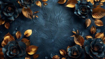 Golden blue rose flower Elegant luxury blue and gold color background