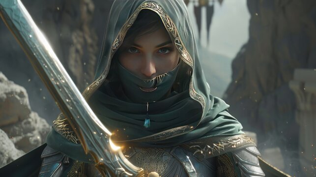Hooded assassin woman fantasy warrior stands with a gleaming sword in hand AI generated image