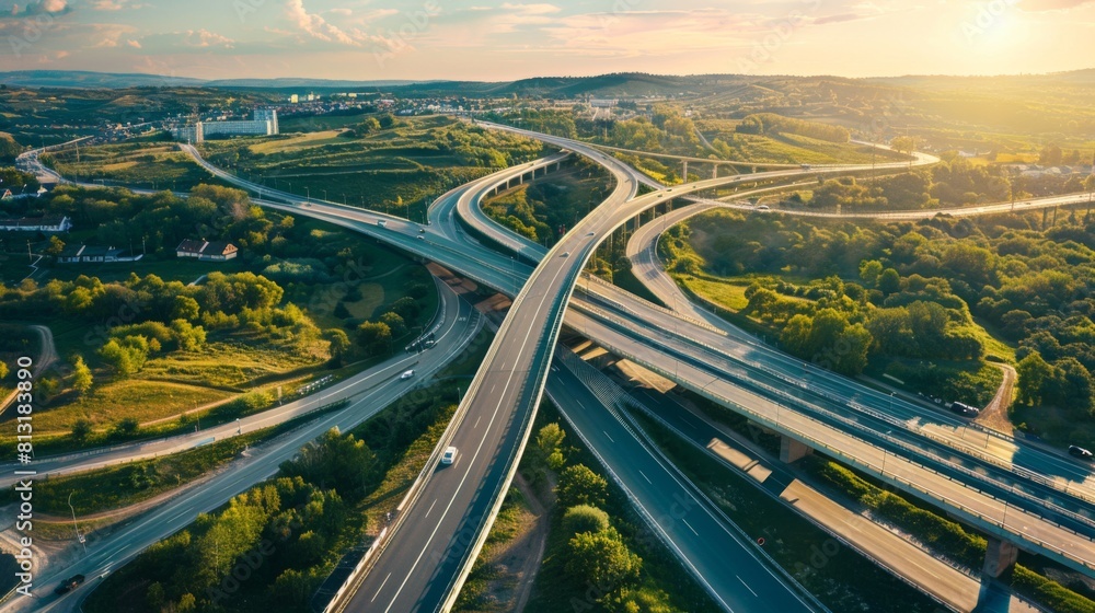 Aufkleber a panoramic view of a modern highway interchange with multiple lanes and bridges, illustrating trans