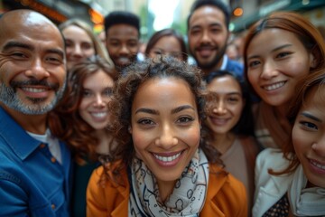 Fototapeta premium Urban group selfie showing positive emotions of a diverse friend circle in a city landscape
