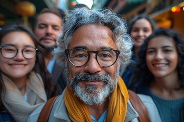 A group of diverse individuals in a city surrounds a senior man with hip glasses