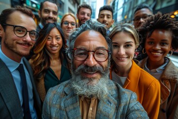 Image of a smiling group of diverse professionals in a city setting taking a selfie