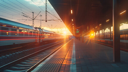 High speed passenger train in motion on the railway station at sunset in Europe, Modern intercity train on railway platform with motion blur effect, Urban scene with railroad, Railway transportation