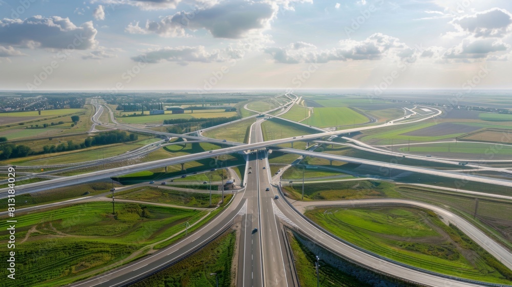 Poster a panoramic view of a modern highway interchange with multiple lanes and bridges, illustrating trans