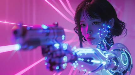 Neon glow cyborg woman prepares to shoot with a gun Background wallpaper AI generated image