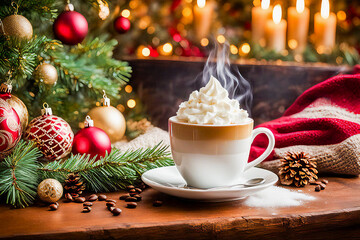 Cozy Christmas Coffee Scene with Festive Decorations and Warm Candlelight