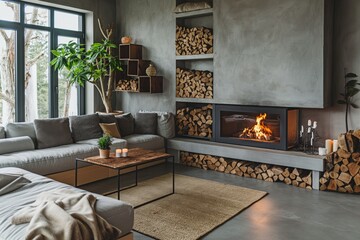 Modern Living Room with Fireplace and Concrete Walls