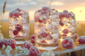 Fresh summer drinks cocktails with berries, fruits, ice and frost on glasses. Vacation open beach bar concept.