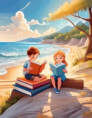 enfants qui lisent sur la plage en été