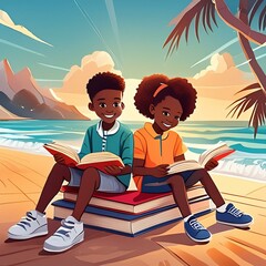 enfants qui lisent sur la plage en été