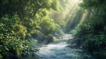 Fototapeta premium A peaceful mountain stream flowing through lush forest, with sunlight filtering through the canopy.