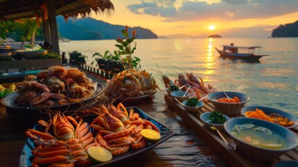 A picturesque seaside restaurant serving fresh seafood dishes, featuring grilled fish, prawns, and crab prepared in Thai style.