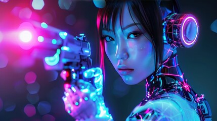 Neon glow cyborg woman prepares to shoot with a gun Background wallpaper AI generated image