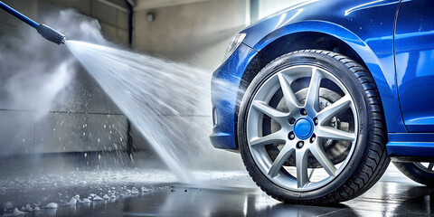 Washing a blue car with a high pressure washer