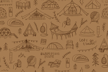 Seamless pattern of glamping elements. Doodle style. Glamour camping. Capsule rooms in the mountains, wigwams, glass yurts, bubble rooms. Luxury Campsites. Travel design. Adventure. Hand drawn 