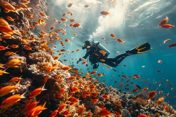 Scuba diver explores a coral reef teeming with fish in the sunlight