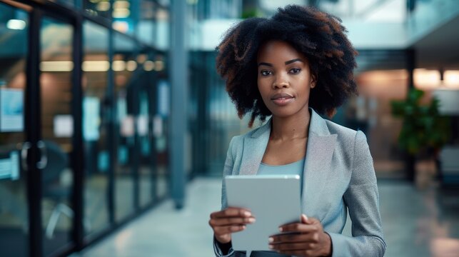 A Young Businesswoman Uses A Digital Tablet In A Modern Office, Demonstrating Technological Proficiency And Versatility