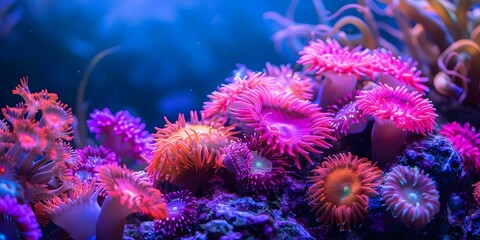 Thriving in the Deep Ocean: Vibrant Neon Corals Among Sea Flowers. Concept Marine life, Deep ocean, Neon corals, Sea flowers, Ocean ecosystem