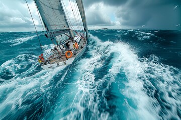 Naklejka premium A dynamic image capturing a sailing yacht in action on choppy blue water under a dramatic cloudy sky
