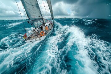 A dynamic image capturing a sailing yacht in action on choppy blue water under a dramatic cloudy sky