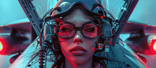 Portrait of a young woman fighter pilot with red glasses wallpaper AI generated image - obrazy, fototapety, plakaty