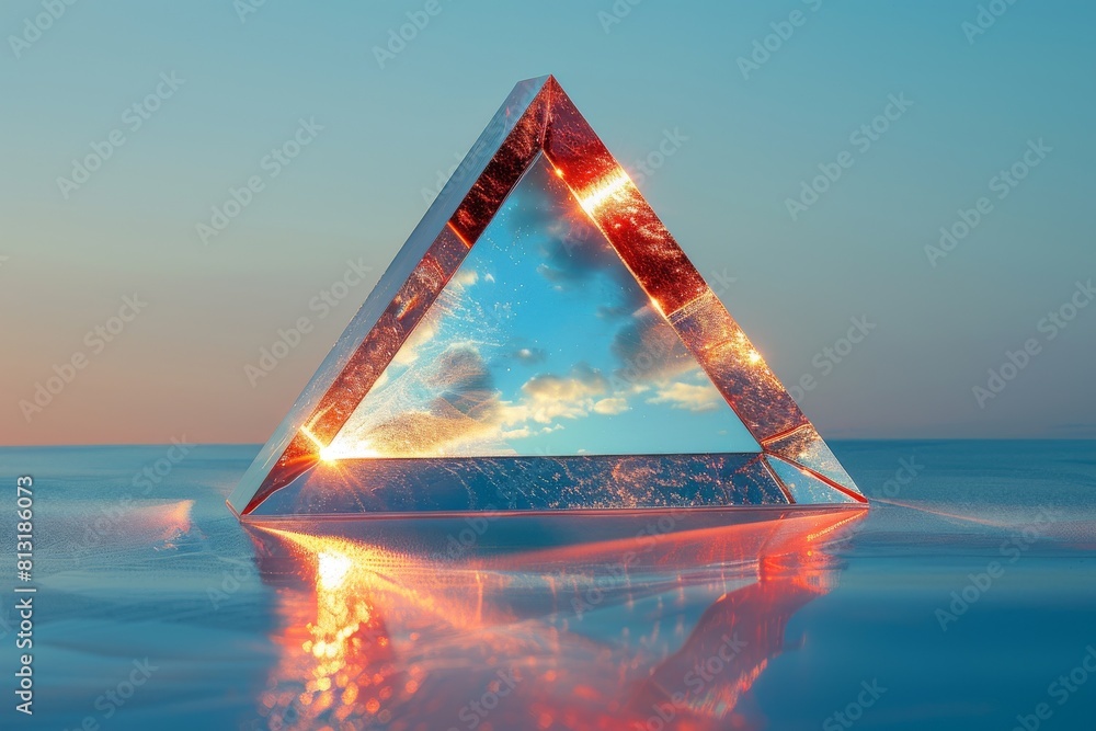 Poster A magical triangle prism reflecting a mesmerizing sky, creating a surreal and otherworldly visual experience