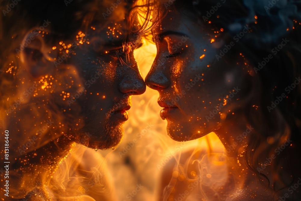 Poster a close-up abstract image capturing the dynamic and intense movement of orange and golden fiery swir