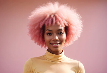 cute happy cool girl woman with pink afro hairdo 
