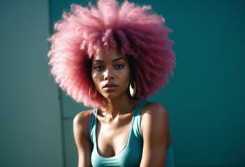 cute happy cool girl woman with pink afro hairdo 