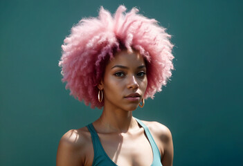 cute happy cool girl woman with pink afro hairdo 