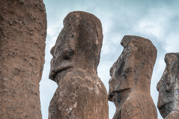  Ahu Tongariki on Easter Island or Rapa Nui. Fifteen Moai statues in Polynesian Chile