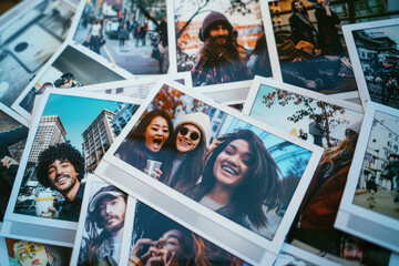 A collage of polaroid snapshots capturing spontaneous moments of joy shared among friends. Concept of nostalgia and reminiscence. Generative Ai.