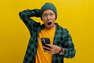 An astonished Asian man, dressed in a beanie hat and casual shirt, reacts with surprise to an...