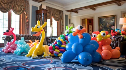 Playful balloon animals scattered throughout the room, adding a touch of whimsy to the birthday festivities