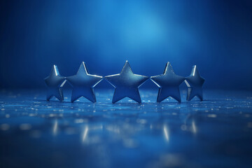 Five blue stars on a reflective surface