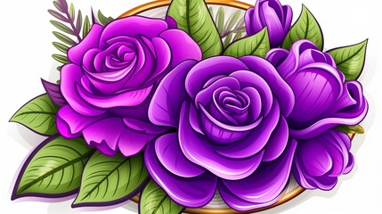 Vibrant Purple Roses with Lush Green Leaves in a Stylized Illustration