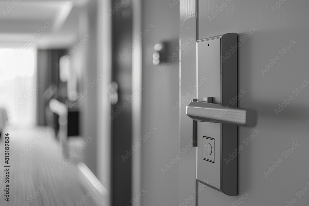 Poster a sleek keycard reader mounted on the wall beside each hotel room door, granting access to guests wi