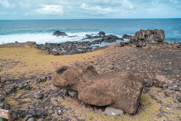 Old Moai tumbled down near the beach of Easter Island or Rapa Nui