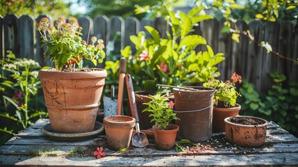 A set of gardening tools and flowerpots in a sunny garden
