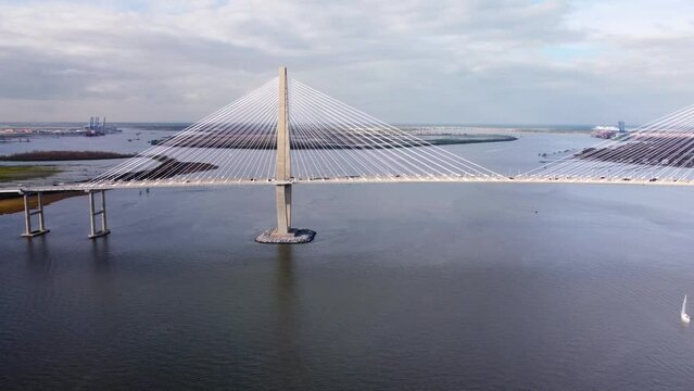 Arthur Ravenel Jr Bridge, Connects Charleston to Mount Pleasant, Aerial Cinematic View, South Carolina, USA. Passes over the Cooper River.